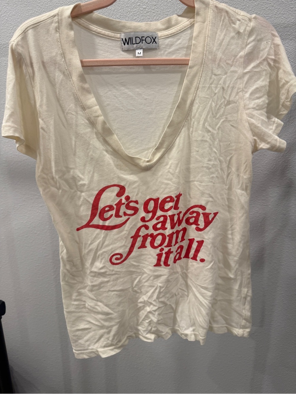 Wildfox Cream Short-Sleeve V-Neck Tee “Let’s Get Away From It All” Med Cotton